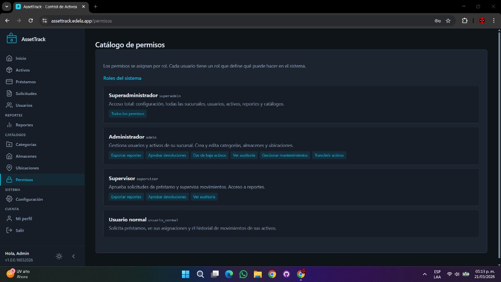 Pantalla de roles y permisos del sistema