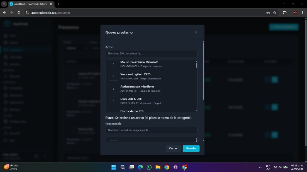 Formulario de alta de préstamo con selección de activo