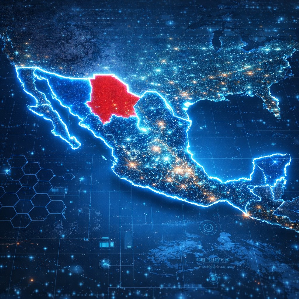 Mapa estilo satélite de México de noche con el estado de Chihuahua resaltado